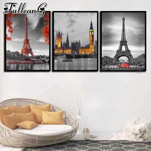 FULLCANG 5d diy diamond embroidery european tower scenic bell tower painting triptych full square round drill decoration FC3133