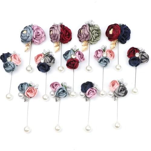 Romantic Wedding Floral Brooch Pin Men Women Cloth Art Pearl Corsages Red Pink Purple Blue Brooches Groom Suit Accessory Gift