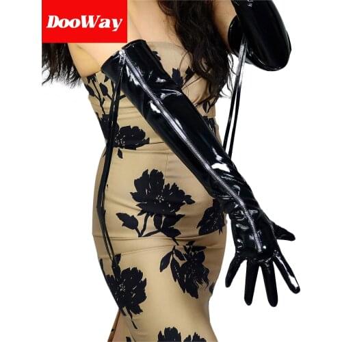 DooWay Women Opera Leather Faux Leather Gloves with Handback Zipper Shiny Black 24inches