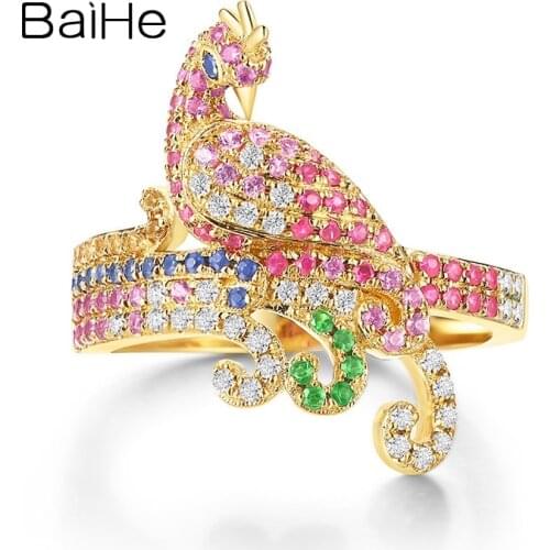 BAIHE Solid 14K Yellow Gold 0.38ct Color Sapphirs 0.13ct Natural Diamonds 0.02ct Tsavorite Fine Jewelry Bird Ring Women New 2021