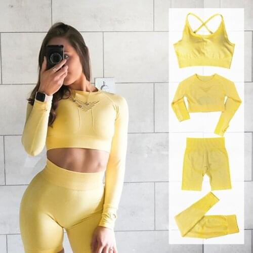New 2/4Pcs Seamless Sport Set Women Hollow Out Crop Top Long Sleeve Yoga Suit Workout Outfit Running Leggings Fitness Sportwear