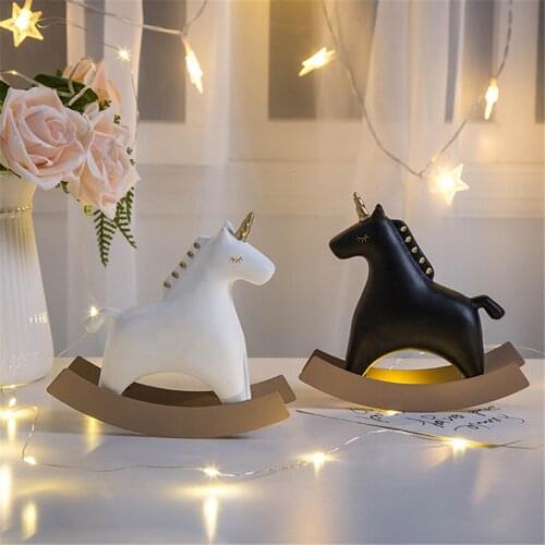 INS Style Creative Unicorn Shaped Rocking Horse Resin Decorative Crafts Statue Figurine Home Desktop Decor Art Gift