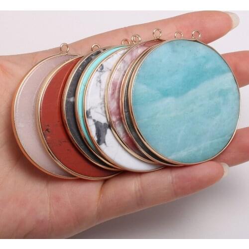 New Natural Stone Pendant Disc Type Pink Aventurines Faceted Pendant Necklace for DIY Jewelry Best Birthday Gift Size 50x55mm