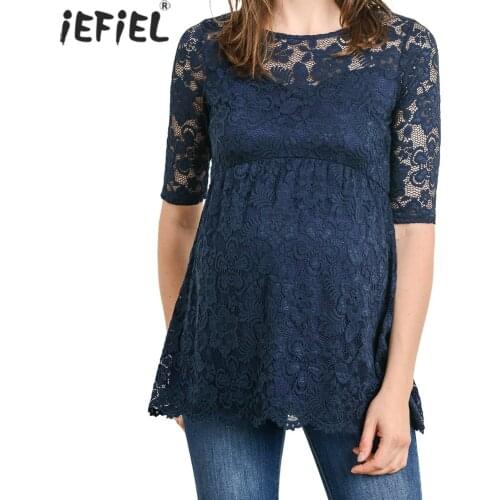 Maternity Clothes Summer Short Sleeve Shirts Tops Pregnant Women Elegant Floral Lace Overlay Blouse for Pregnancy Blouses Tops