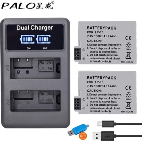 2Pcs 1800mah LP-E8 LPE8 LP E8 Battery Batterie AKKU + LCD Dual Charger for Canon EOS 550D 600D 650D 700D X4 X5 X6i X7i T2i T3i