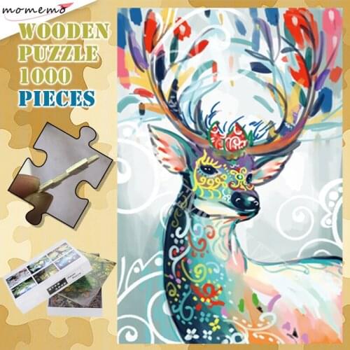 Colorful Deer Wooden Puzzles 300 500 1000 Pieces Animal Jigsaw Puzzle for Adults Kids Customized Assembling Puzzle Games Toys