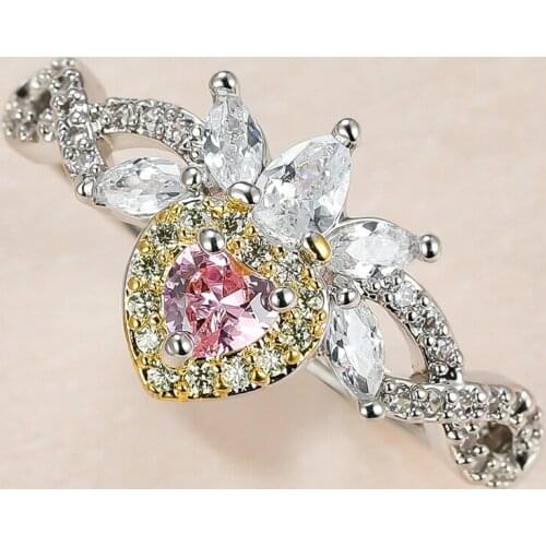 Luxury Female White Pink Yellow Heart Crystal Ring Silver Color Wedding Rings For Women Cute Bride Queen Crown Engagement Ring