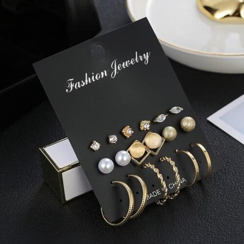 Punk golden geometric round circle earrings fashion simulated pearl rhinestone stud earrings set for women bridal jewelry gift