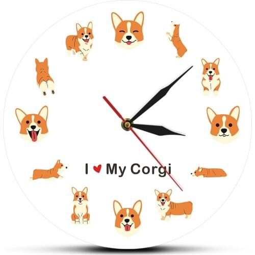 Welsh Corgi Cartoon Modern Wall Clock Adorable Dog Breed Wall Watch Corgi Lovers Home Decor Wall Art Dog Doggie Pet Breed Gift