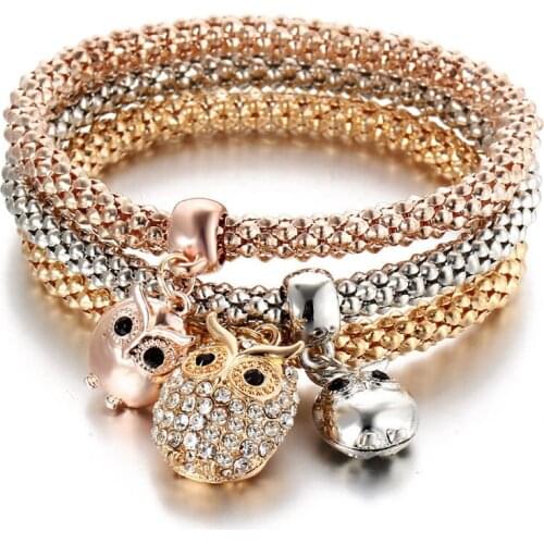 Three Layer Animal Owl Crystal Heart Bracelet Bangle Gold Female Rhinestone Bracelet Jewelry Valentines Day Gift