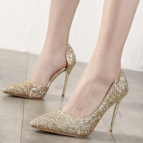 Women Pumps Heeled Shoes Sequined Cloth Slip On 10CM Thin High heel Pointed Toe waterproof Rhinestone Bling Party women shoes