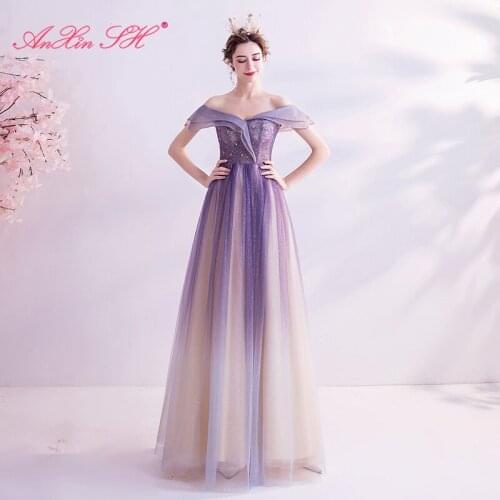 AXJFU princess vintage boat neck Mysterious dream purple Bride Toast dinner party annual meeting starlight evening dress 320