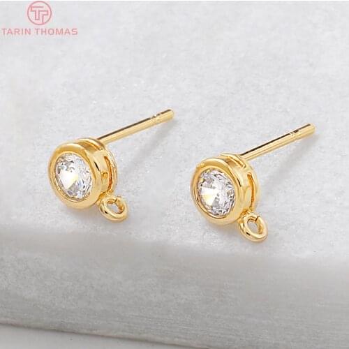 6 PCS 5x7MM 1MM 24K Gold Color Brass with Zircon Hole Round Stud Earrings Pins High Quality Jewellery Accessories