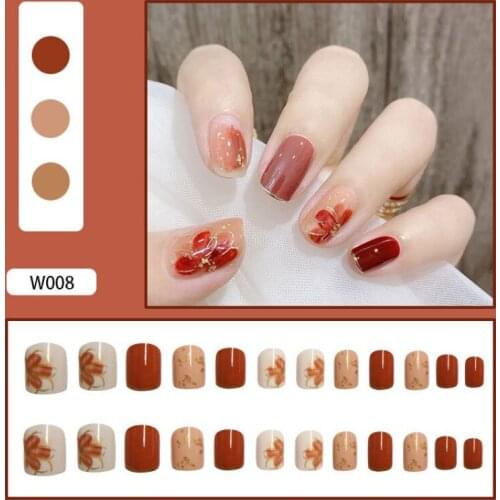 24Pcs/Pack Fake Nails Flowers Pattern Tips With Glue Full Cover Designs Removable Art Nail Sticker DIY Ｍanicure Tools Accessory