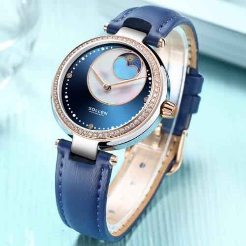 SOLLEN Women Blue Clock Diamond Design Womens Mechanical Watch Top Brand Luxury Women Sapphire Crystal Female Watches Gift