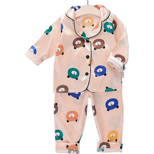 Kids Pajama Sets Boys Girls Animal Bear Pajamas Baby Lapel Print Nightwear Long Sleeve+Pants 2Pcs Children Clothes Sleepwear