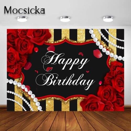 Mocsicka Red Rose Happy Birthday Backdrop Girls Woman Bday Party Roses Floral Pearl Black and Gold Stripes Decoration Background