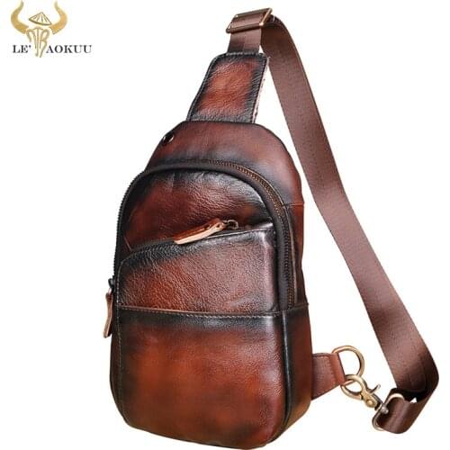 Hot Sale Men Genuine Real Leather Casual Travel Chest Sling Bag Design One Shoulder Bag Fashion Blue Cross-body Bag Male 8010
