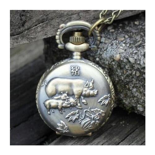 Hot sales Antique quartz bronze Pig design watches Retro Sweater chain steampunk Necklace pocket watches