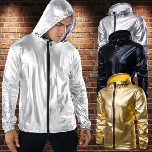 Golden silver glossy hood jacket men casual clothes jaqueta masculina chaqueta hombre casaco masculino mens jackets and coats