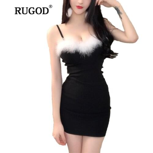 RUGOD New High Elastic Strapped Rabbit Hair Patchwork Patry Dress 2020 Sexy Spaghtetti Strap Bodycon Dresses Summer Dress 2020
