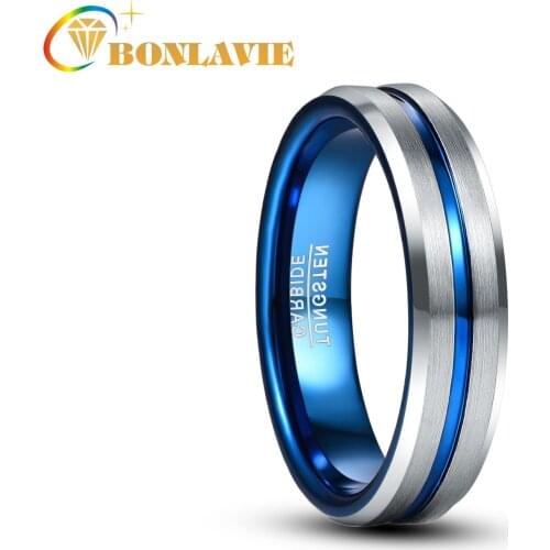 BONLAVIE Fashion 6mm Blue Groove Men Matte Tungsten Rings Tungsten Carbide Engagement Rings