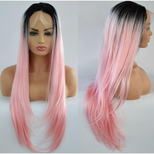 Black Roots Ombre Pink Straight Synthetic Lace Front Wig Heat Resistant Fiber Hair Half Hand Tied Free Part For Women Girl Wigs