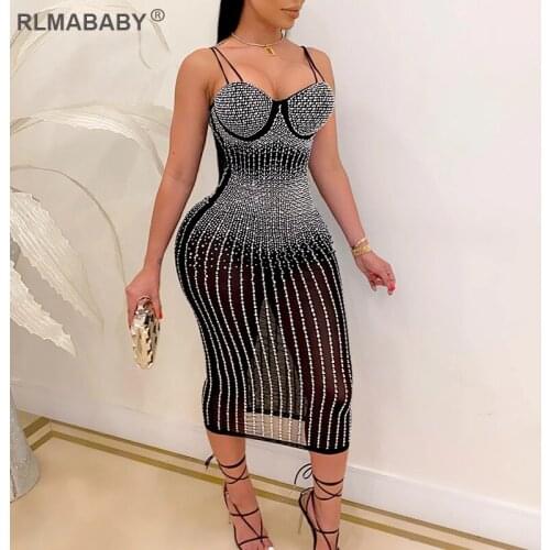 Sexy Transparent Diamond Mid-Calf Mesh Dress Black Double Straps Night Club Women Bodycon Dress Elegant Party Lady Crystal Dress
