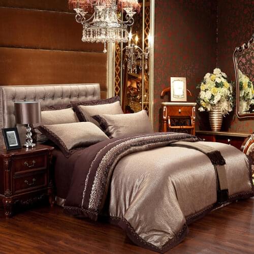Crepe gold Bedding Set Luxury Texture pattern Bedding Satin jacquard Bed linen Royal Bed Set Duvet Cover Coffee color Sheet
