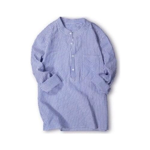 2020 New Fashion Mens Dress Shirts Long Sleeve Polyester Striped Shirt Summer Autumn Casual Loose Stand Collar Pullover Tops