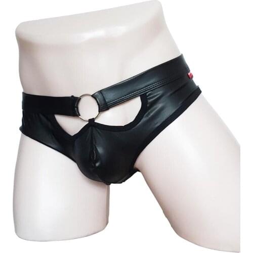 Sexy Faux Leather Wet Look Hollow Out Crotch Pouch Brief Open Butt Backless Jock Strap Bikini Underwear Fetish Mens Lingerie