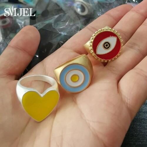 SMJEL New Alloy Enamel Love Heart Rings for Women Trendy Vintage Eye Round Ring Party Fashion Jewelry Korean Female Rings Anel