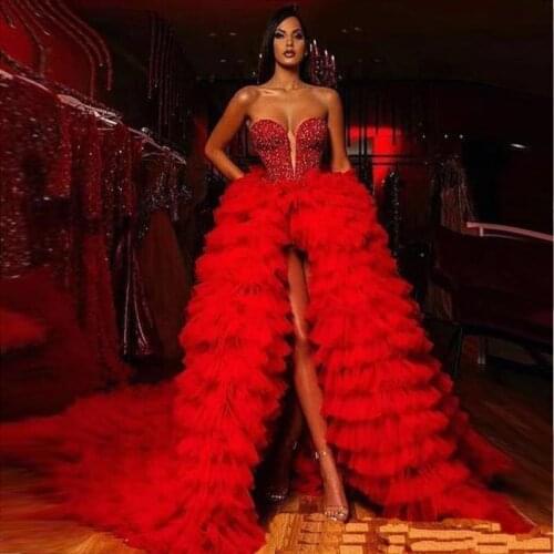 Sexy Red Beads Bling Event Wedding Dresses 2020 Front Split Tulle Bridal Gowns With Puffy Tulle Custom Made vestidos de noiva