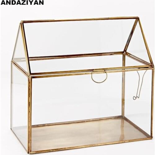 Glass micro landscape flower house creative retro geometric shape copper strip glass greenhouse flower room with bracket