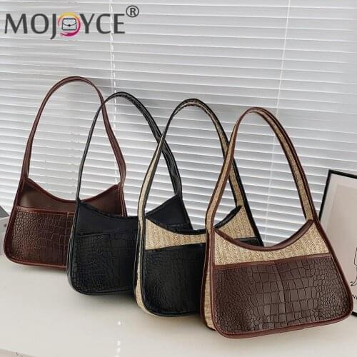 Portable Patchwork PU Leather Handbag Vintage Women Straw Woven Shoulder Underarm Purse Fashion Stitching Solid Color Zipper Bag