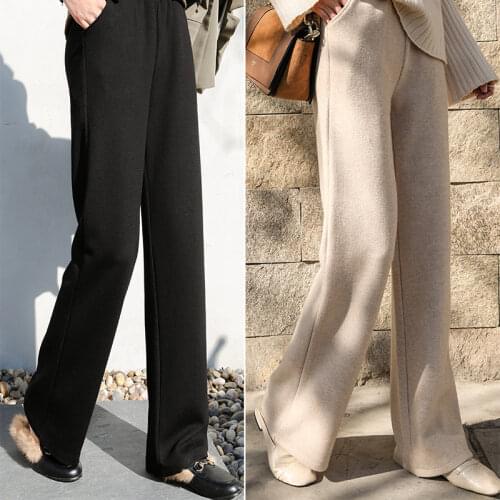 Knitted Thicken Wide-Leg Women Long Pants High Waist Woolen Straight Mopping Trousers Female Autumn Winter Ladies Warm Bottoms