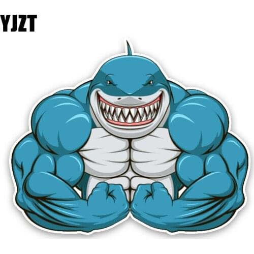 YJZT 15*12.2CM Interesting Aggressive Shark Exercise The Muscle Cartoon Colored PVC High Quality Car Sticker Decoration C1-5424