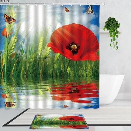 Butterfly Flowers Shower Curtains Poppy Flower Wheat Creative Water Surface Floral Bathroom Curtain Set Non-Slip Bath Mat Carpet