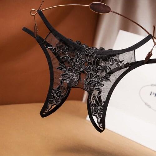 Womens Panties Lace Embroidery Thongs Sexy Underwear See Through Briefs Underpants Transparent T-pants Sex Open Crotch G-String