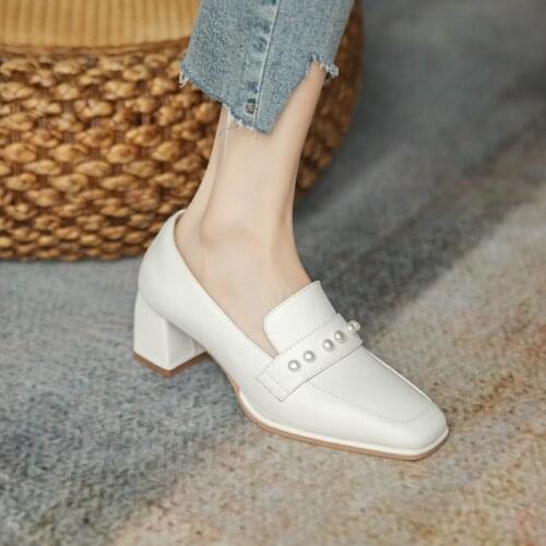 2021 New Square Toe Shoes Square High Heels Genuine Leather Women Pumps Elegant Office Lady Work Female Single Shoes