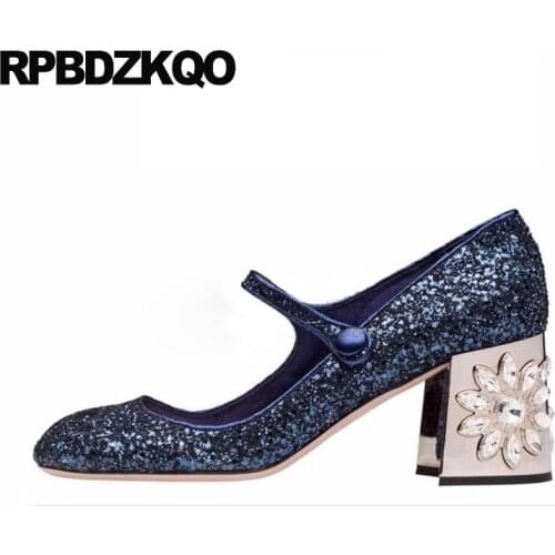 Diamond Women Thick Square Toe High Heels Pumps Flower Royal Blue Strap Glitter Rhinestone Mary Jane Crystal Bling Wedding Shoes