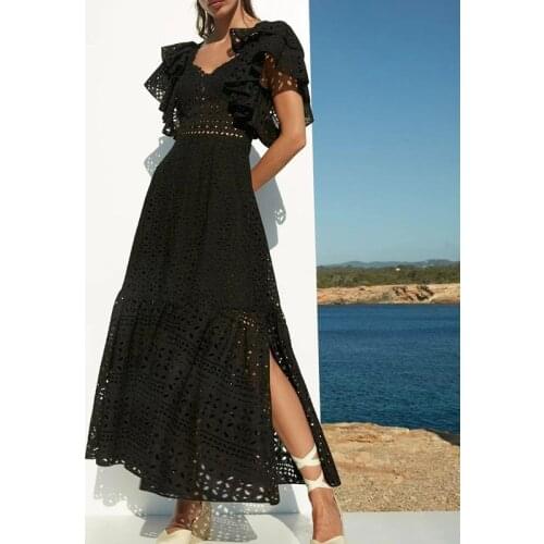 Flying Sleeve Summer Dress New Black Hollow Out V Neck Lace Dresses Women Sheath White Elegant Outfits Party Beach Wear Fashion