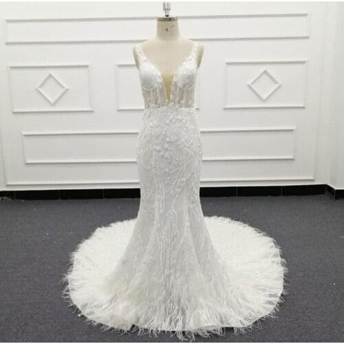 Molanda V Neck Wedding Dresses 2021 Floor Length Applique V Back Mermaid Bridal Gowns Transparent Vestido De Noiva Feather SJ434