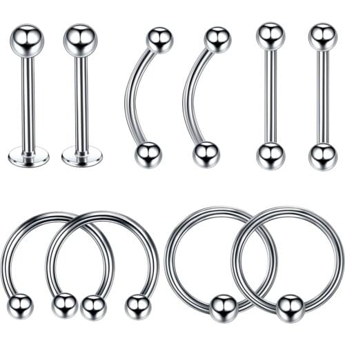 10Pcs Silver Color Tragus Eyebrow Ear Tongue Barbell Hoop Nose Body Jewelry Piercings