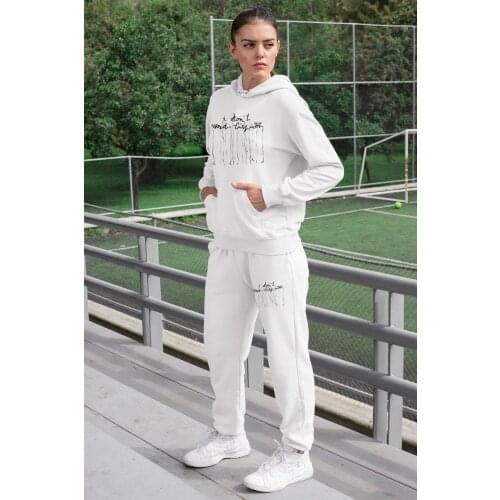 Angemiel Wear I Need Don't Fashion Women Tracksuit Set White Hooded Sweatshirt White Sweatpants