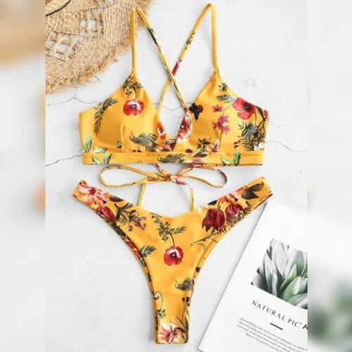 2021 Floral Bikini Women Low Waist Bikini Bandage Push Up Swimsuit Women Plant V Neck Biquini Summer Swim Beachwear Bikini