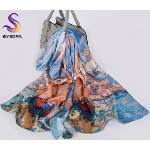 [BYSIFA] Pure Silk Scarf Foulard Fashion Oil Painting Women Long Scarves Shawls Luxury Brand Blue Khaki Neck Scarf Hijab175*52cm