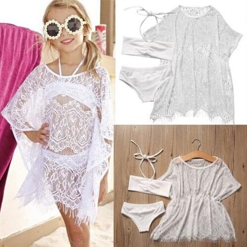 DHL 50set 3pcs/set Girls Summer Lace Beachwear Bathing Suit Bikini Set +Cover up Swimsuit Swimwear Beach Dress Girls Clothes