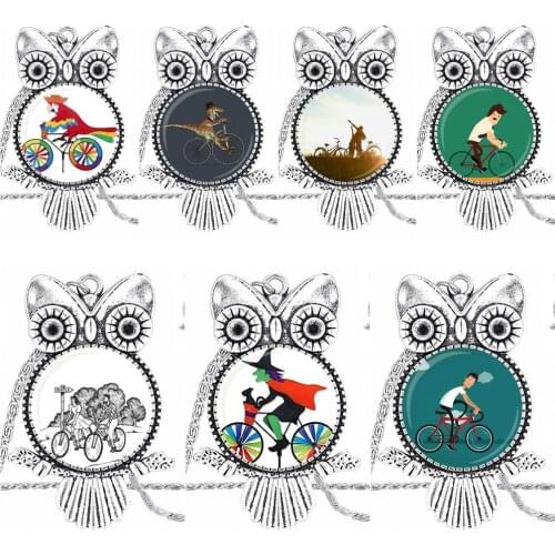EJ Glaze For Girls Wholesale Fashion Glass Cabochon Pendant Necklace Plated Statement Jewelry Three Witch is Riding Bicycle