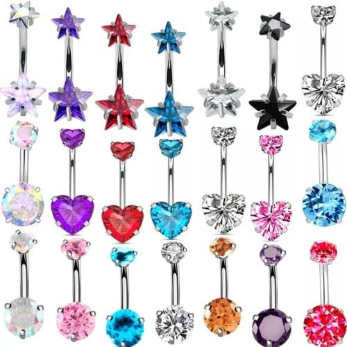 1/2PCS Crystal Heart Belly Button Piercing Bar 14G Pentagram Zircon Belly Bar Sexy Navel Piercing Bar CZ Cute Belly Ring Jewelry